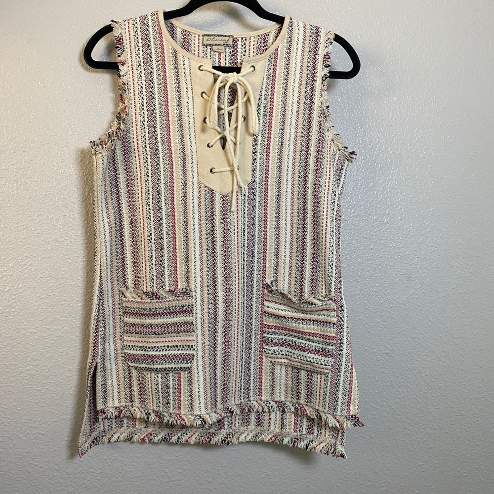 Ethereal Bohemian Hippie Cowgirl Country Western Woven Lace Up Tunic Top S